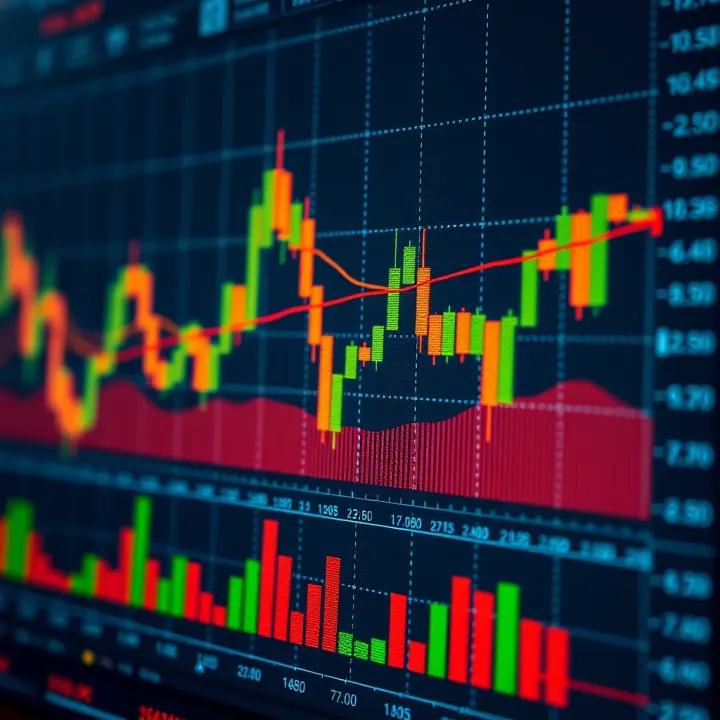 Technical analysis chart displaying candlestick patterns and volume bars for financial market trends