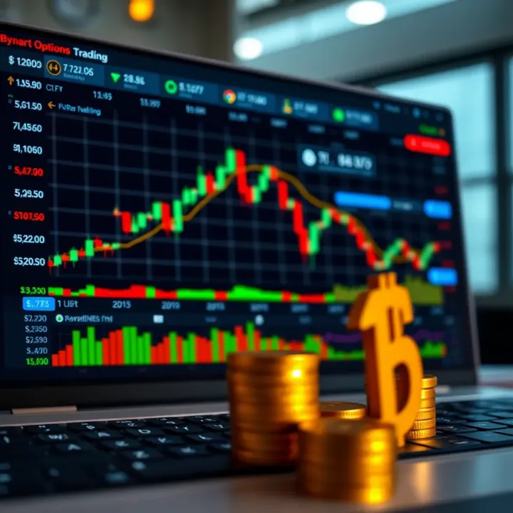Conceptual illustration of binary options demo trading interface with charts and virtual currency symbols