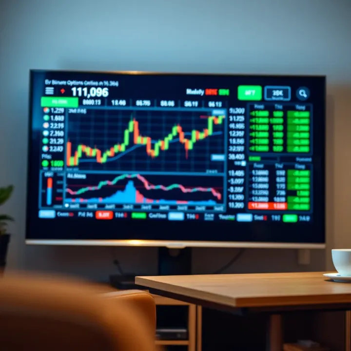 Television screen displaying financial charts and binary options trading graphics