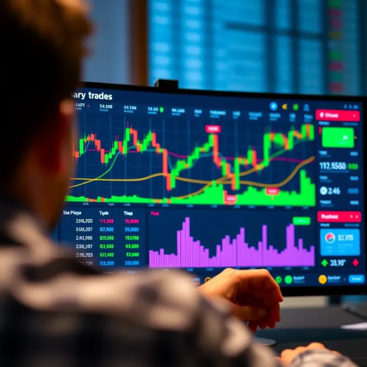 Binary options trading interface showing simulated trade execution with charts and analytics