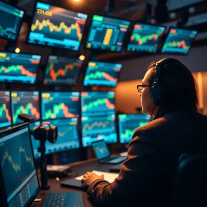 Close-up of a broadcast studio setup showing screens with binary options data and analysis