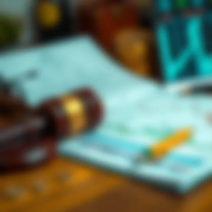 Illustration of legal documents and financial strategy charts for binary options in Colombia