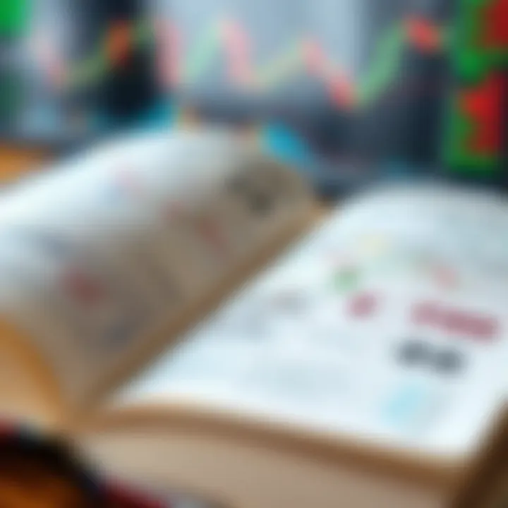 Open book with forex trading charts and currency symbols on the page