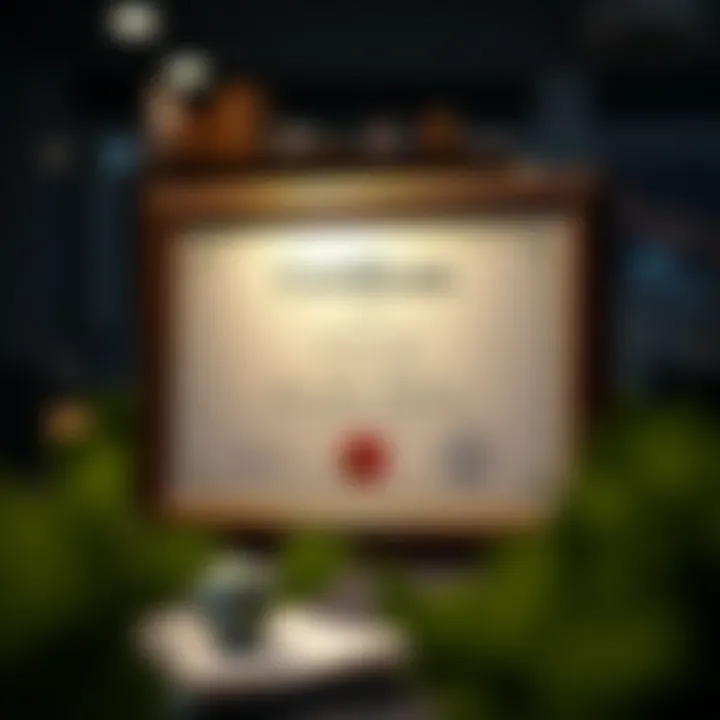 Conceptual graphic showing a certificate framed with trading icons and educational symbols