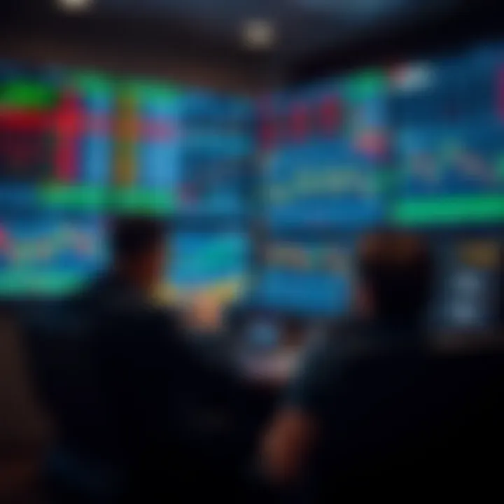 Trader analyzing multiple screens displaying stock prices and trading strategies