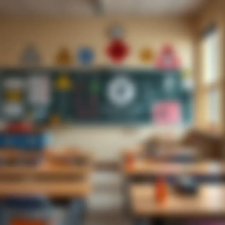 Colorful visual representation of school safety hazards using various icons and symbols to highlight potential risks in classrooms and playgrounds