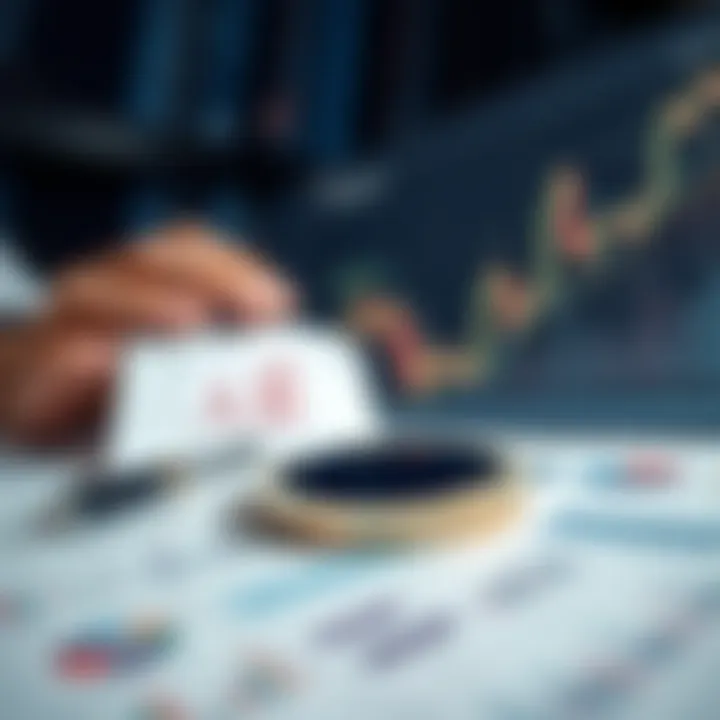 Illustration of financial reports, economic data charts, and valuation metrics for fundamental analysis