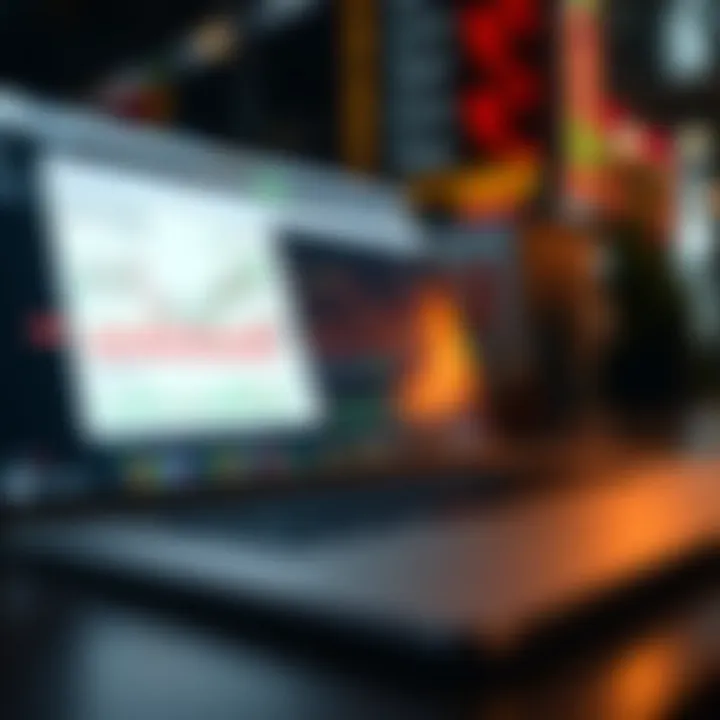 Illustration of a digital trading course PDF open on a laptop screen with charts and financial data