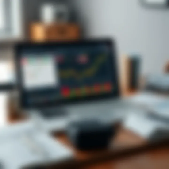 Collection of trading tools including laptop with market graphs, risk management icons, and strategy notes