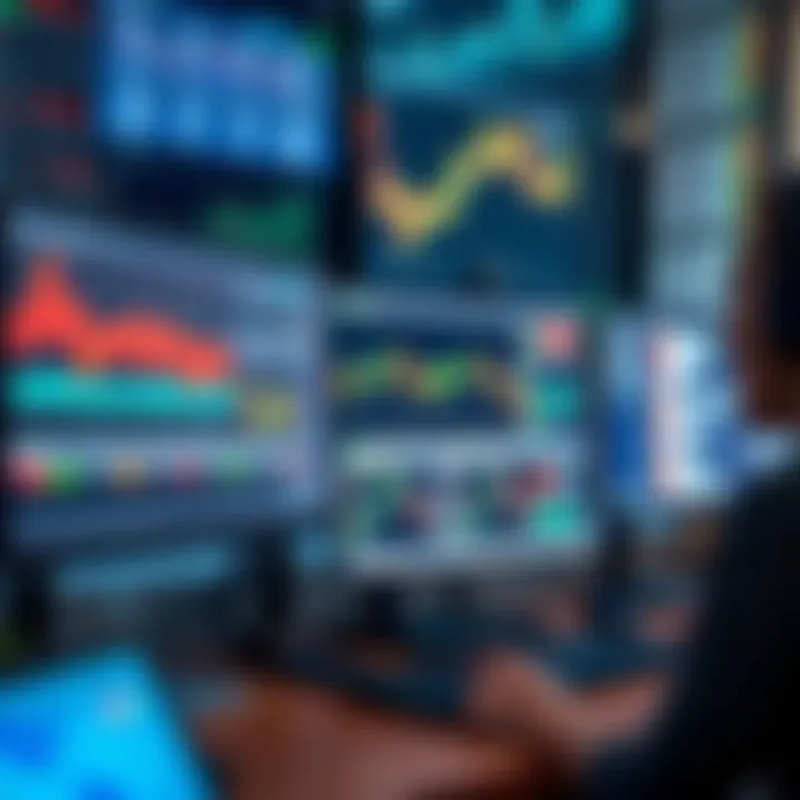 Desktop setup with multiple monitors displaying financial data and trading software