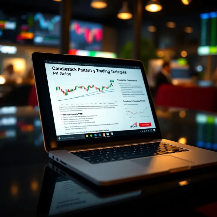 PDF resource open on a laptop displaying candlestick pattern explanations and trading tips