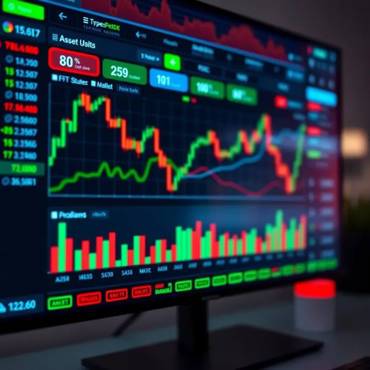 Trading platform dashboard showing various market charts and asset options