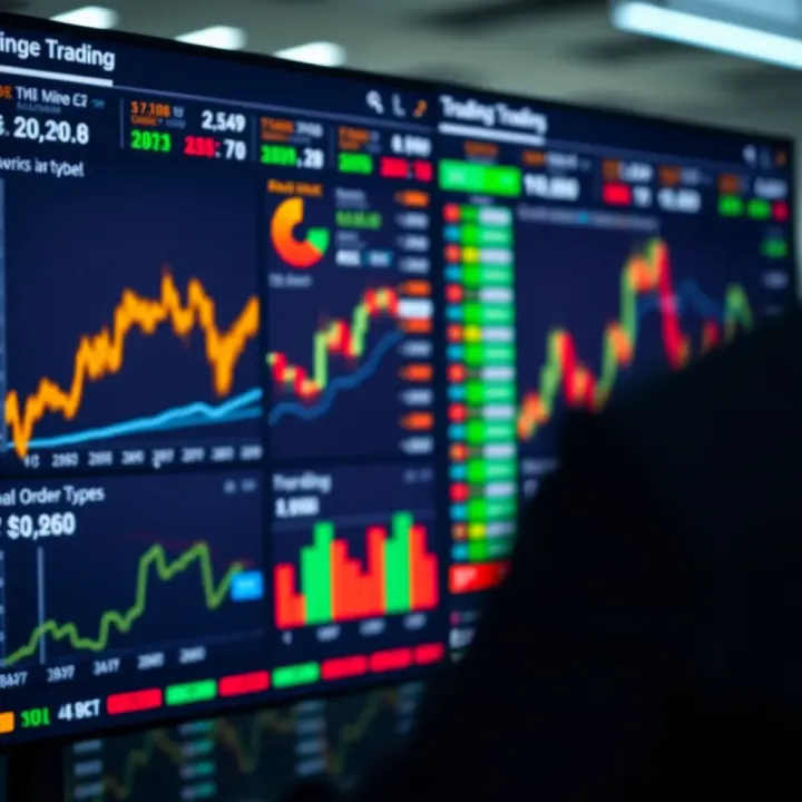 Interface displaying various trading platform features including charts, analytics, and order types
