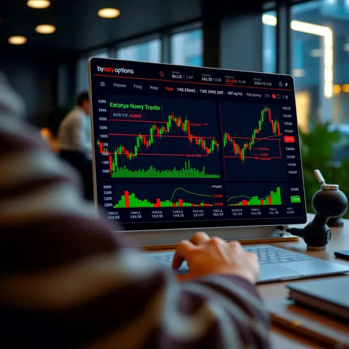Screenshot of a binary options demo trading platform interface displaying charts and trading options