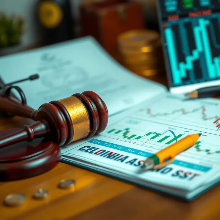 Illustration of legal documents and financial strategy charts for binary options in Colombia