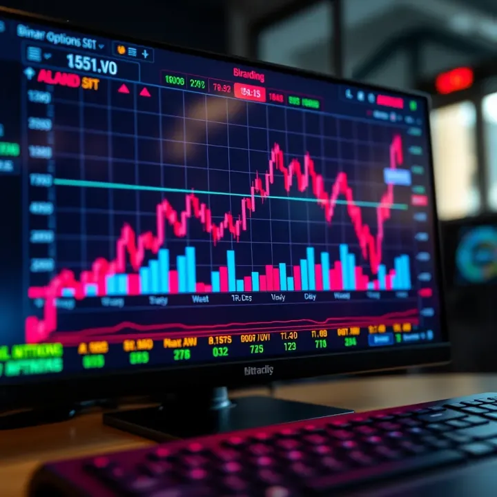 Graph showing upward and downward binary options trading trends on a digital screen