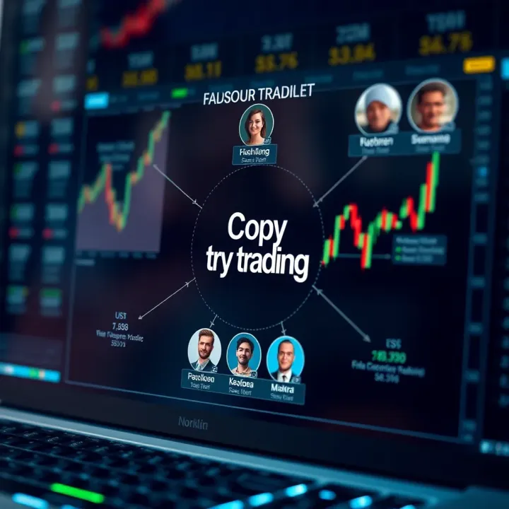 Diagram illustrating the concept of copy trading with interconnected financial graphs and trader profiles