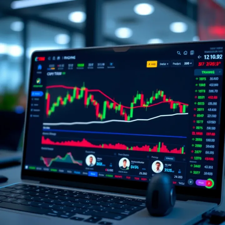 Illustration showing a digital trading platform interface with graphs and trader profiles for copy trading