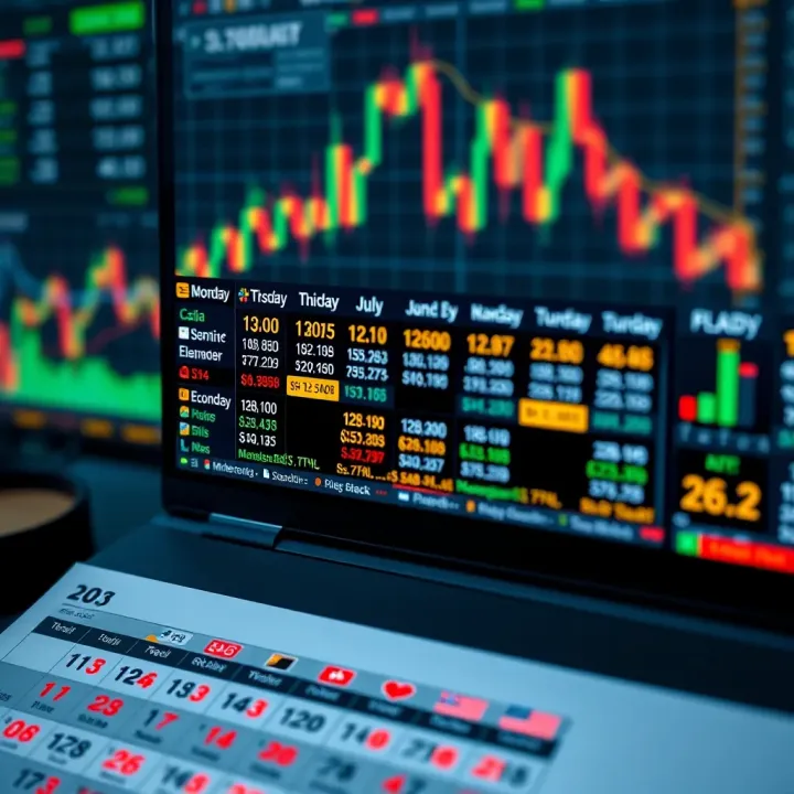 Calendar with highlighted economic data release dates and financial charts in the background