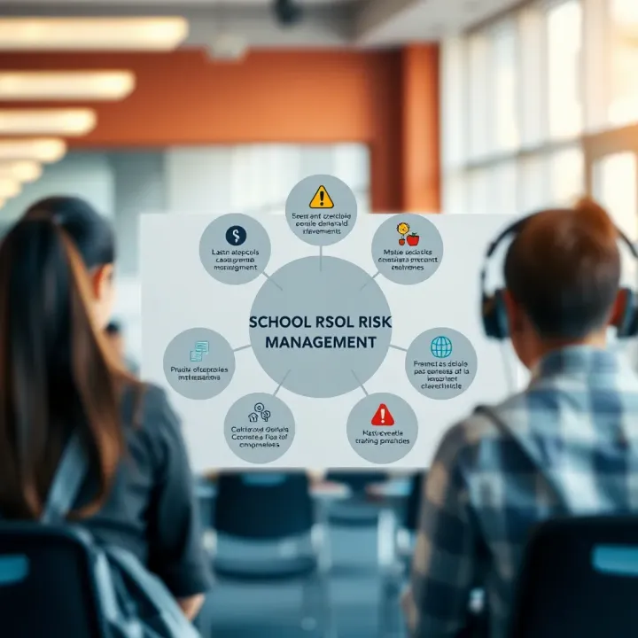 Diagram showing key elements of school risk management including hazard identification and emergency preparedness