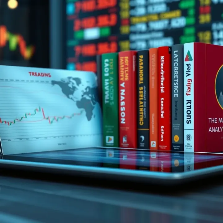 Key Technical Analysis Books for Enhancing Trading Skills Collection of trading strategy books arranged on a digital tablet screen
