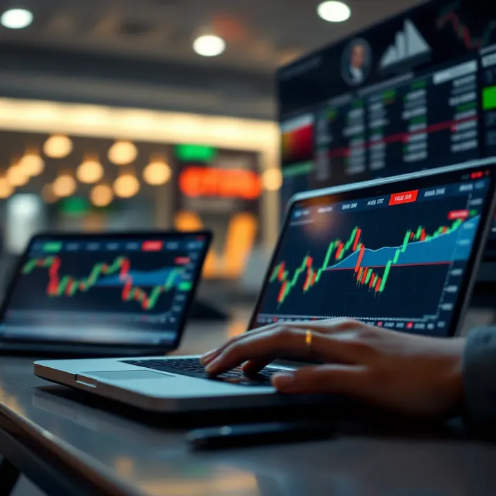 Conceptual illustration showing financial charts and copying transactions on digital devices