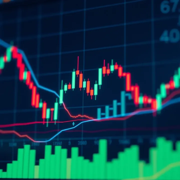Candlestick chart representing cryptocurrency market trends with technical indicators