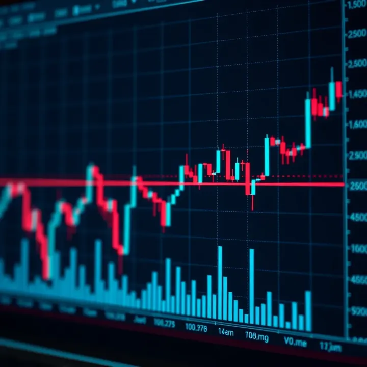 Graph showing currency exchange rates with trend lines and volume bars
