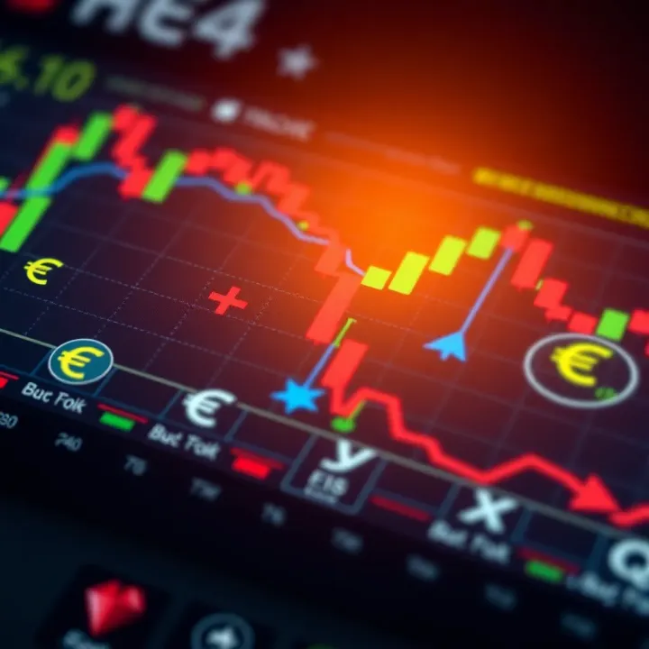 Illustration of currency pairs with Euro and other major currencies symbols connected by arrows