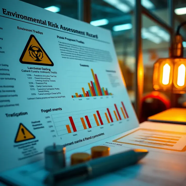 Detailed environmental risk assessment with charts and hazard symbols