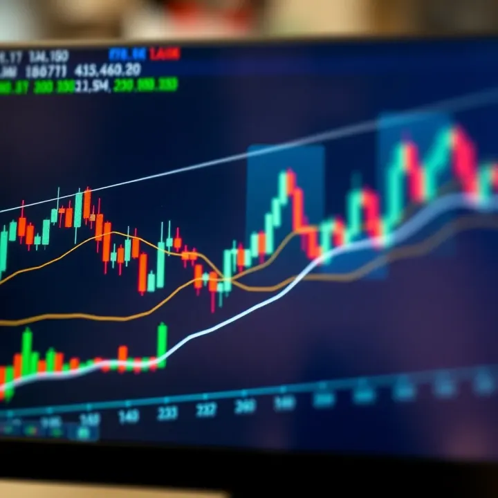 Forex candlestick chart showing currency price movements with trend lines and volume indicators