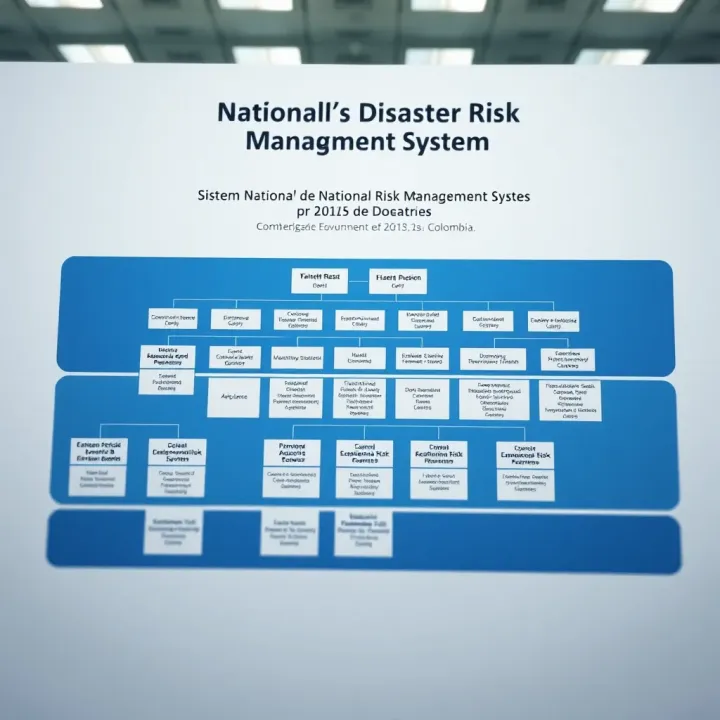 Organizational chart showing the structure of Colombia's National Disaster Risk Management System with interconnected government agencies and coordination bodies
