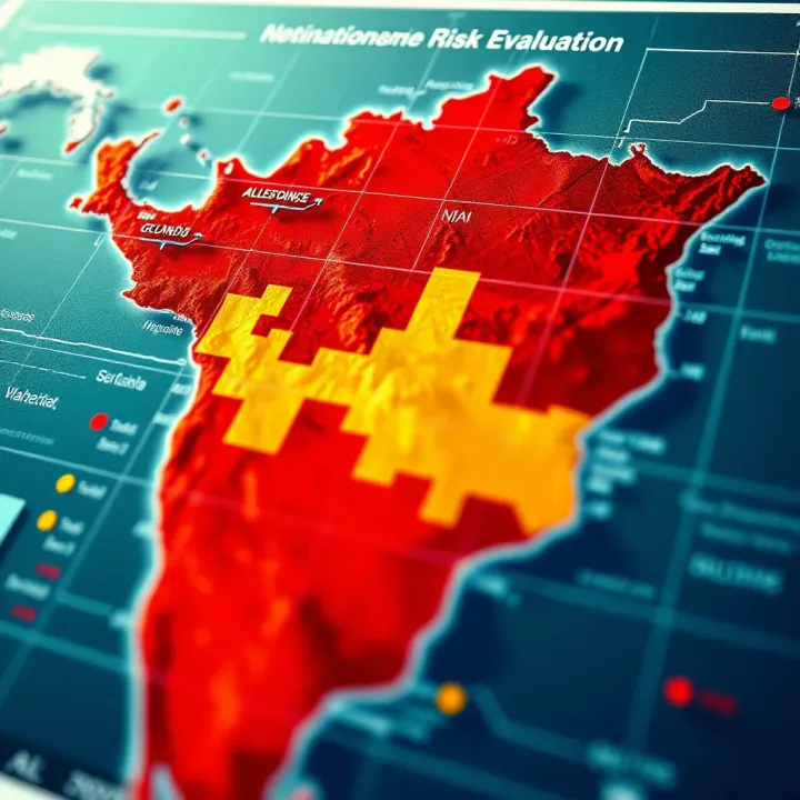 Comprehensive National Risk Evaluation Detailed national risk assessment map highlighting vulnerable regions and potential hazards