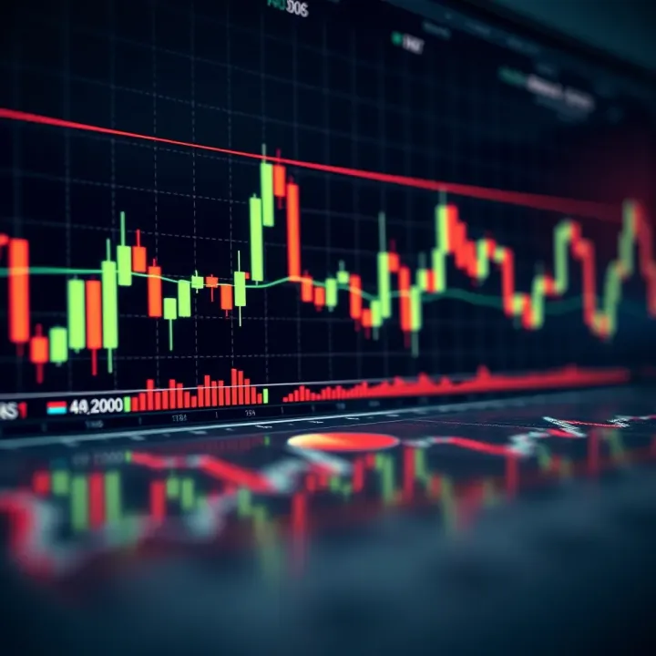 Technical analysis chart showing candlestick patterns and trend lines in financial markets