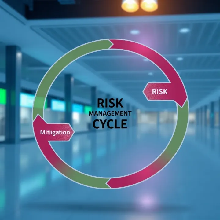 Diagram showing risk management cycle with identification, assessment, mitigation, and monitoring phases