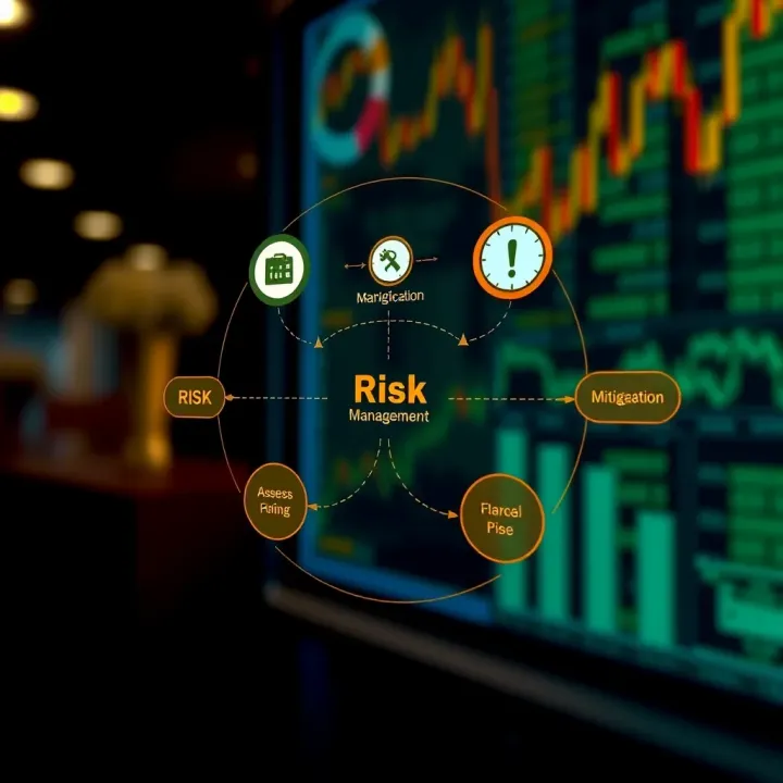 Illustration of risk management framework with interconnected elements representing identification, assessment, and mitigation