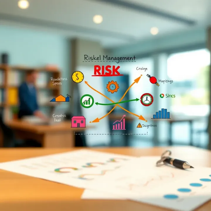 Visual diagram illustrating risk management stages using colorful drawings and symbols
