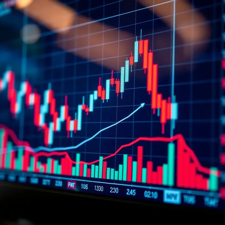 Technical chart displaying candlestick patterns and volume indicators for stock price analysis