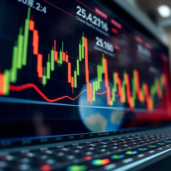 Candlestick chart displaying financial market trends with technical indicators