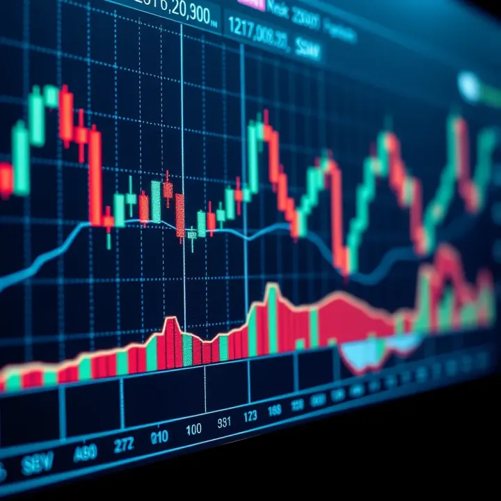 Chart showing candlestick patterns and trend lines indicating market movements