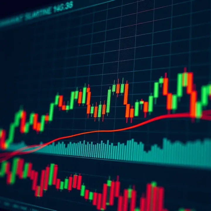 Financial chart displaying candlestick patterns and trend lines for market analysis