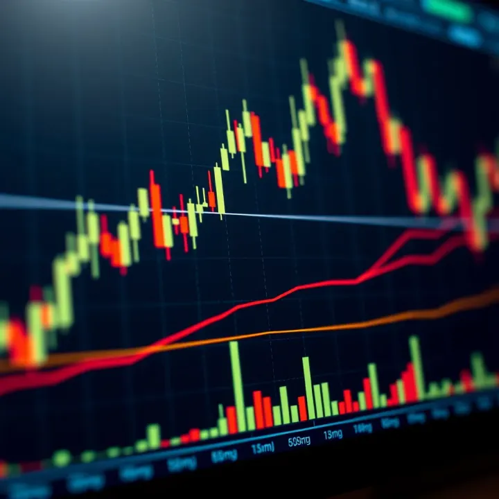 Chart displaying candlestick patterns and trend lines representing financial market analysis