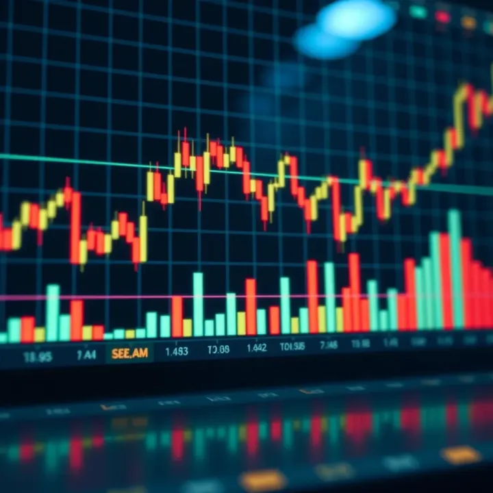 Graph illustrating common technical indicators such as moving averages and volume bars