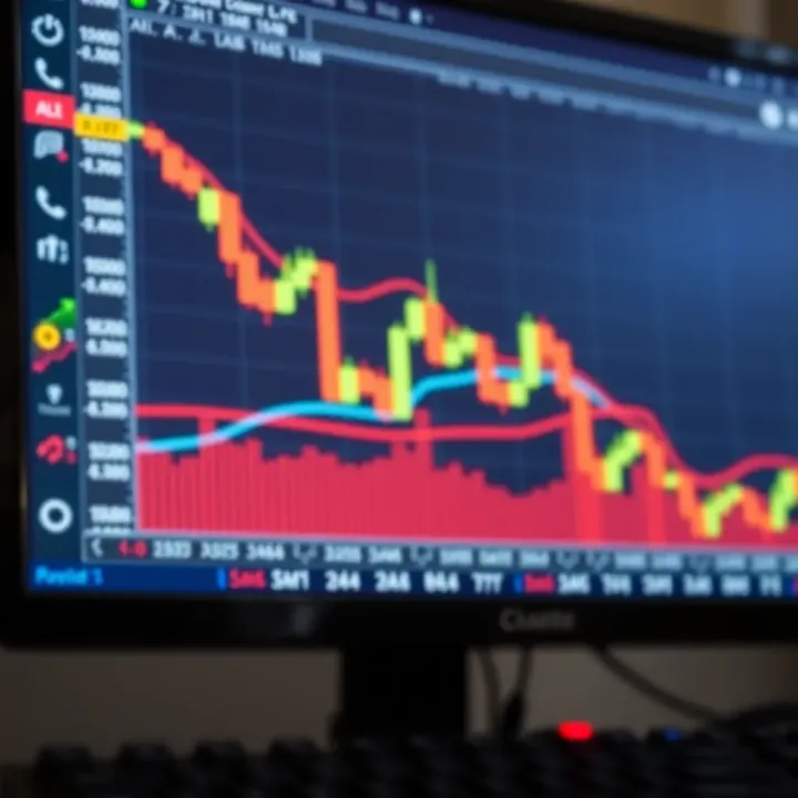 Financial chart displaying candlestick patterns and trend lines on a computer screen