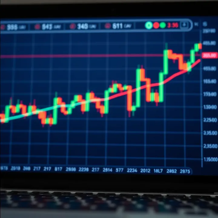 Financial chart showing candlestick patterns with technical indicators and trend lines in a market analysis context