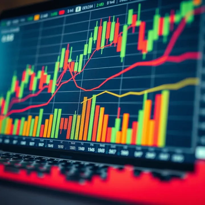 Graph illustrating different technical indicators such as moving averages and volume bars