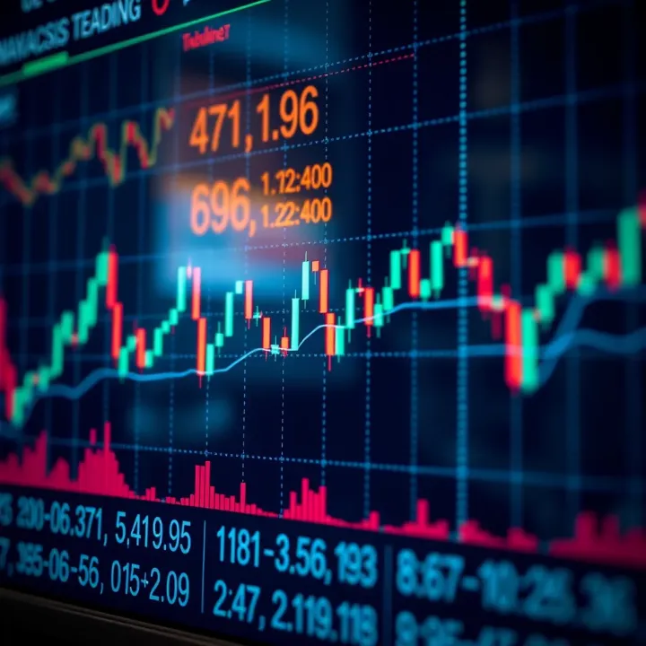 Graph with technical indicators such as moving averages and volume bars