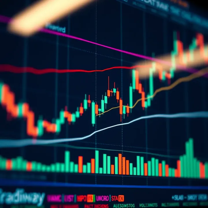 Financial chart showing price trends with candlestick patterns and volume bars