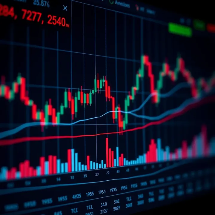 Chart with various technical indicators including moving averages and volume bars