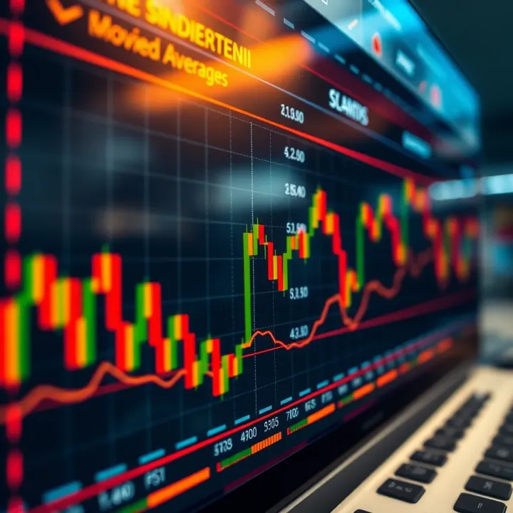 Various trading indicators such as moving averages and RSI displayed on a stock market graph